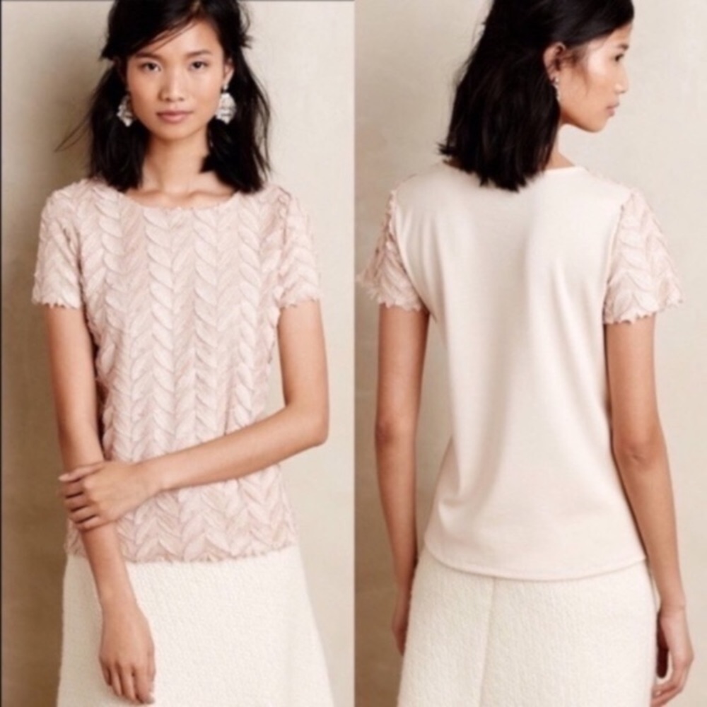 Anthropologie Weston Plume Point Top Blush Pink Gold Embroidered Sz Small‎
